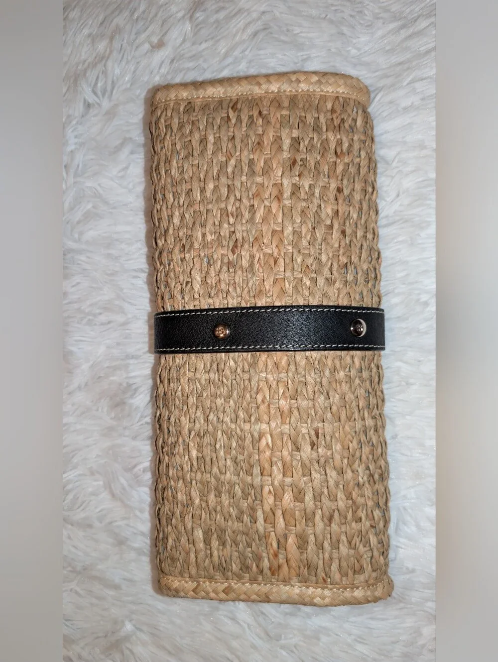 Kate Spade Raffia Woven Clutch  Natural Black Gold EUC